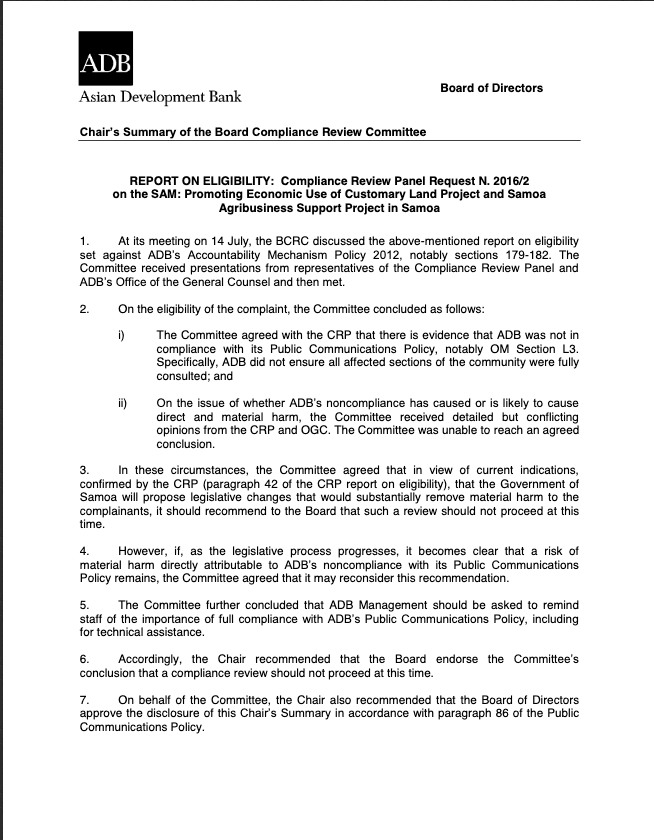ADB Chair's Summary of the Board Compliance Review Summary for Samoa