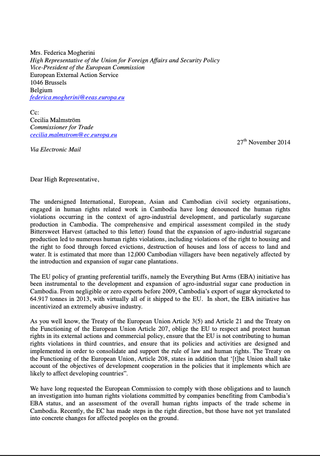 Boycott Blood Sugar’s Letter to EU High Representative for Foreign Affairs Federica Mogherin