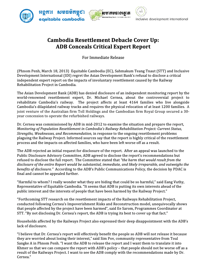 Cambodia Resettlement Debacle Cover Up: ADB Conceals Critical Expert Report