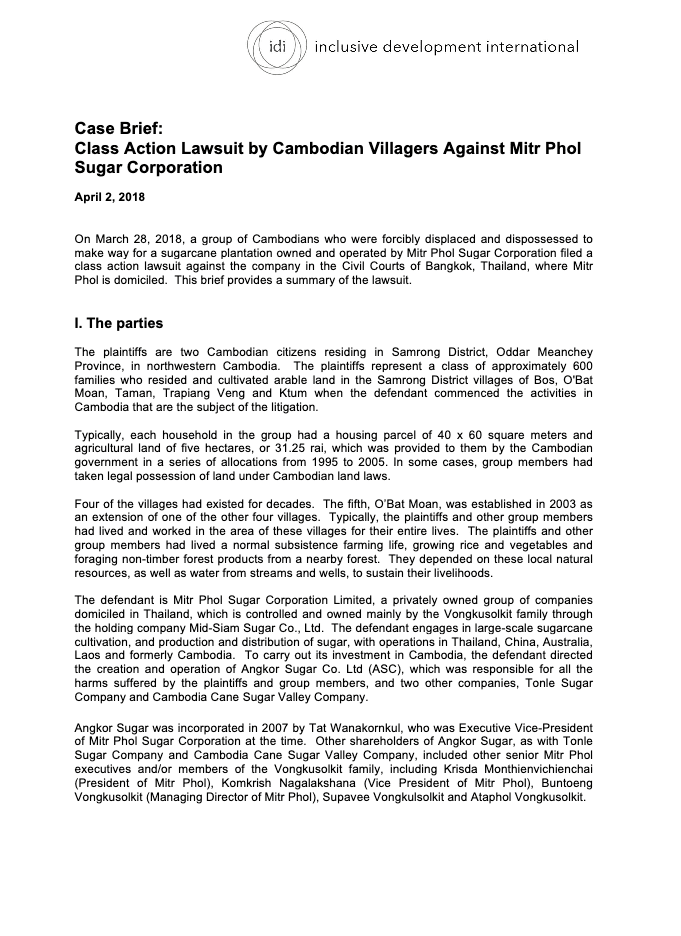 Case Brief: Class Action Lawsuit by Cambodian Villagers Against Mitr Phol Sugar Corporation Cover