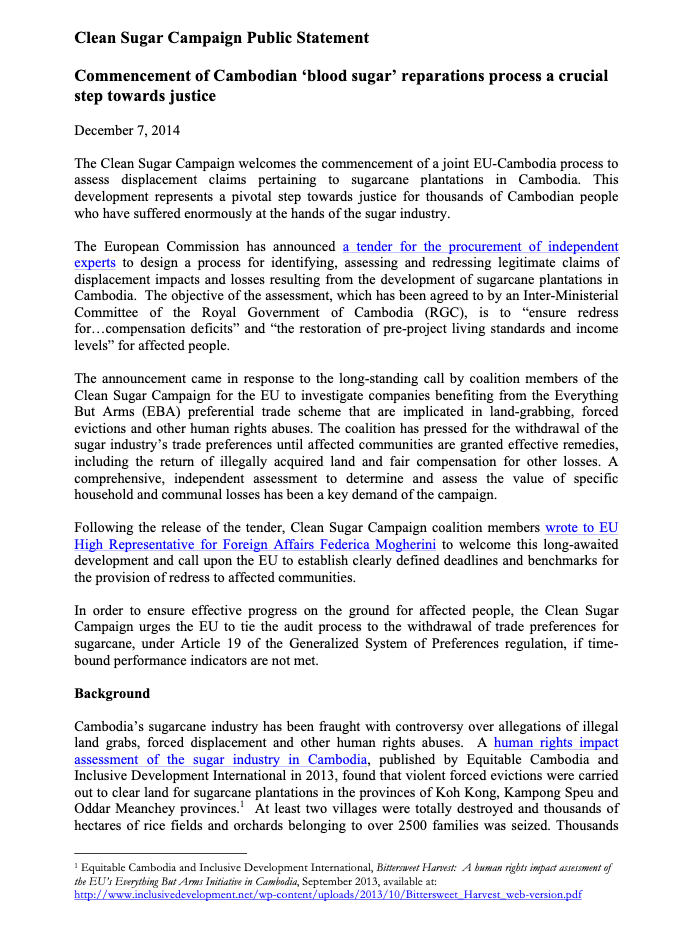 Clean Sugar Campaign Public Statement Cover