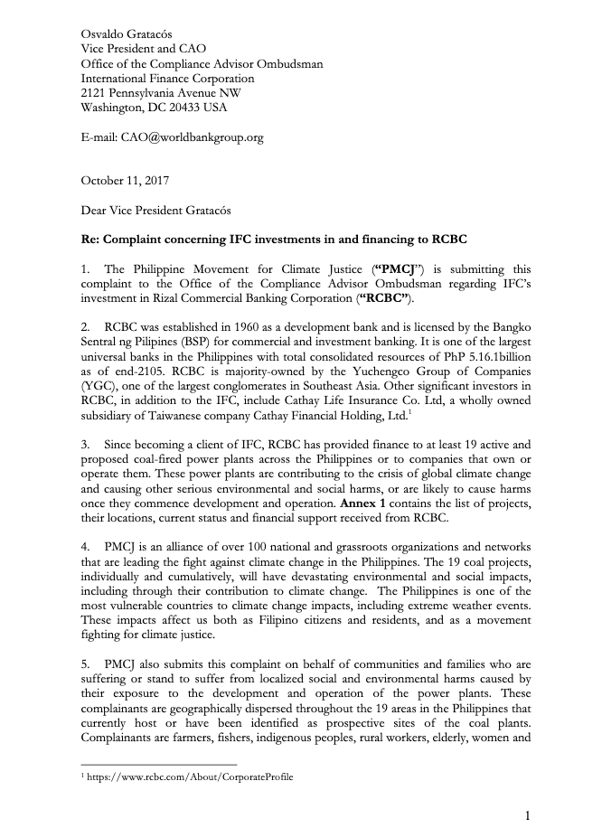 Complaint concerning IFC investments in and financing to RCBC Cover