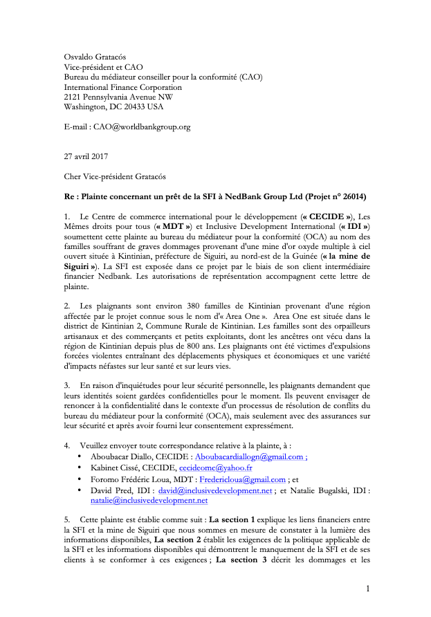 Complaint concerning IFC loan to NedBank Group Ltd (Project no. 26014) (French) Cover
