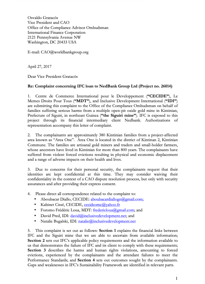 Complaint concerning IFC loan toNedBankGroup Ltd(Project no.26014)