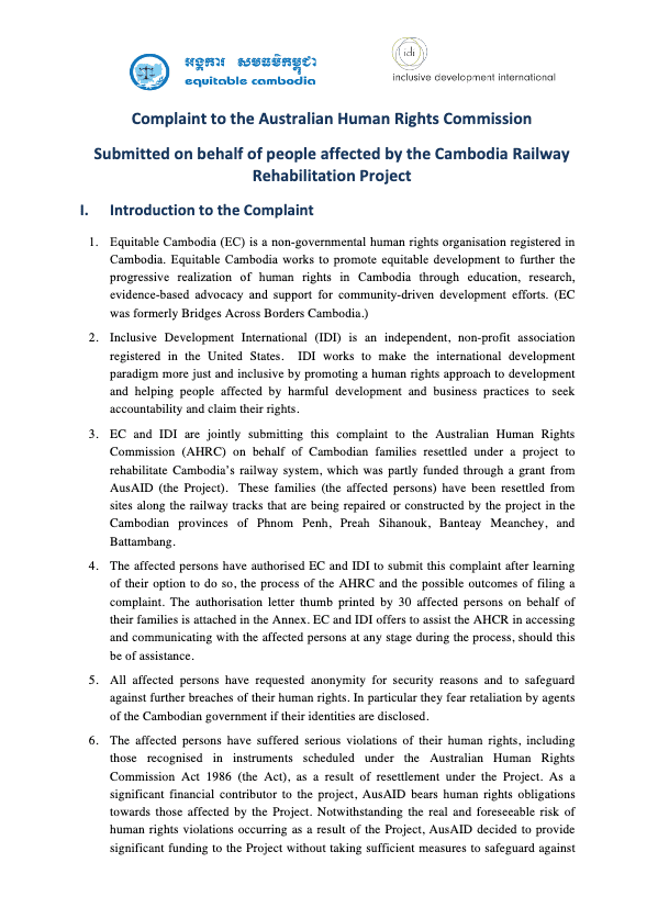 Complaint to the Australian Human Rights CommissionSubmitted on behalf of people affected by the Cambodia Railway Rehabilitation Project