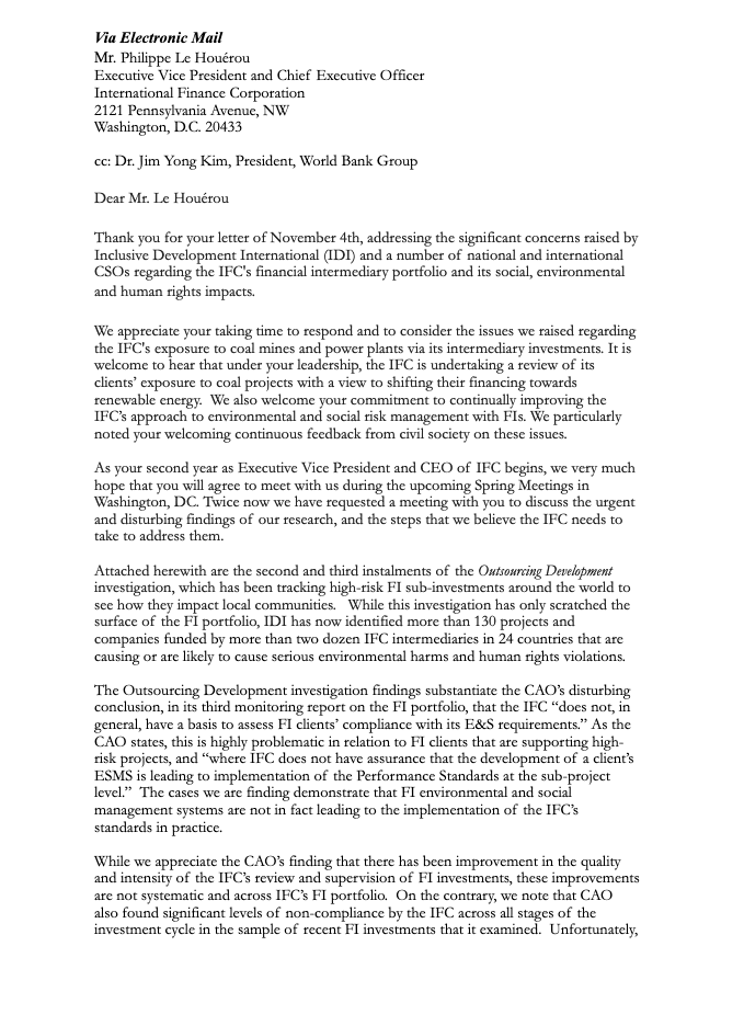 CSO letter to IFC CEO Philippe Le Houěrou regarding Outsourcing Development investigation and CAO monitoring report