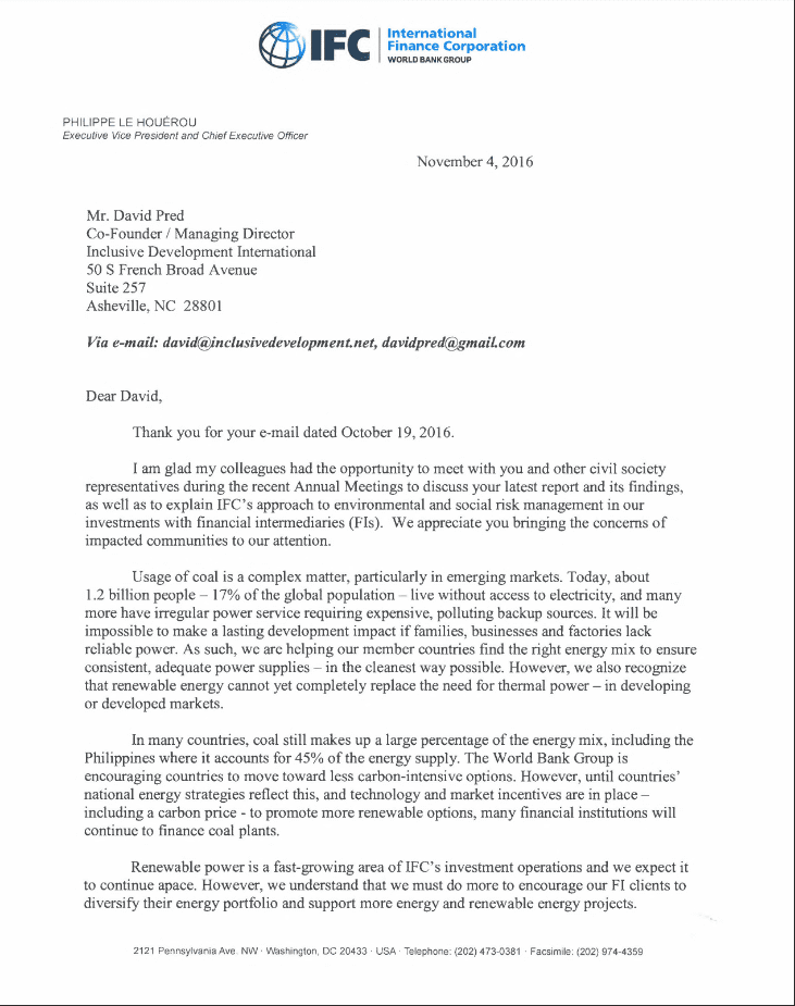 CSO letter to IFC CEO Philippe Le Houěrou regarding Outsourcing Development investigation and CAO monitoring report