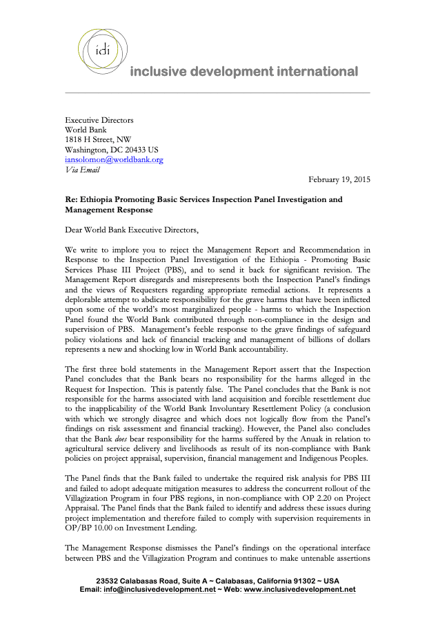 Ethiopia promting basic services inspection panel investigation and management response