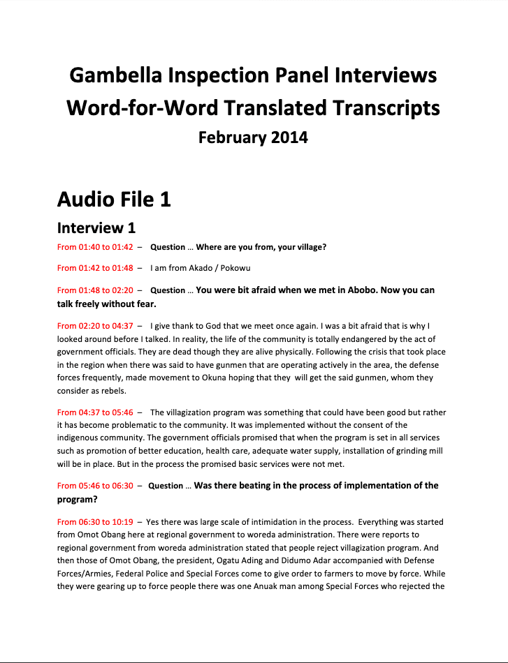 Gambella Inspection Panel Interviews Word‐for-­Word Translated Transcripts Cover