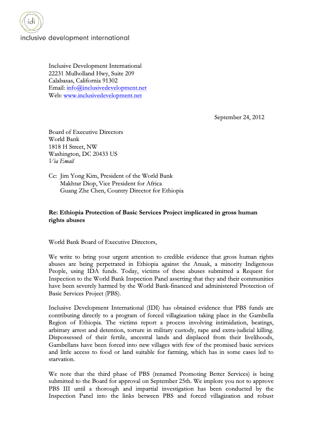 IDI Letter to the World Bank Board of Directors Regarding Approval of PBS III in Ethiopia