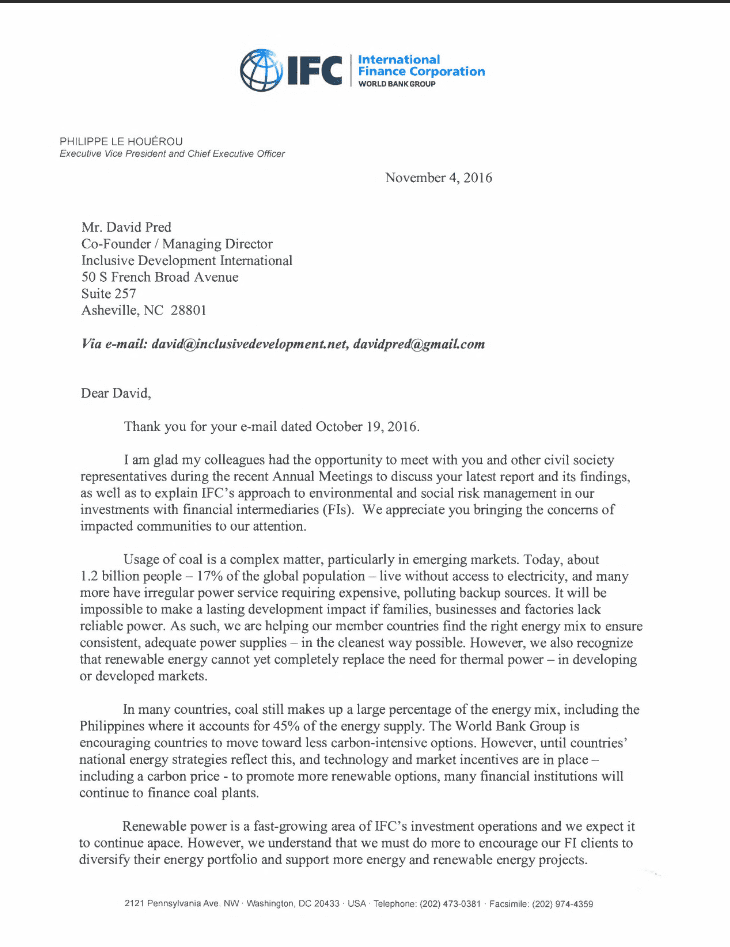 IFC response to CSO letter regarding climate impacts of FI investments and new IDI research