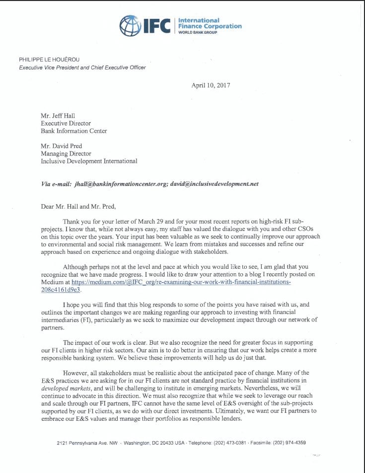 IFC response to CSO letter regarding Outsourcing Development investigation and CAO monitoring report – April 10, 2017