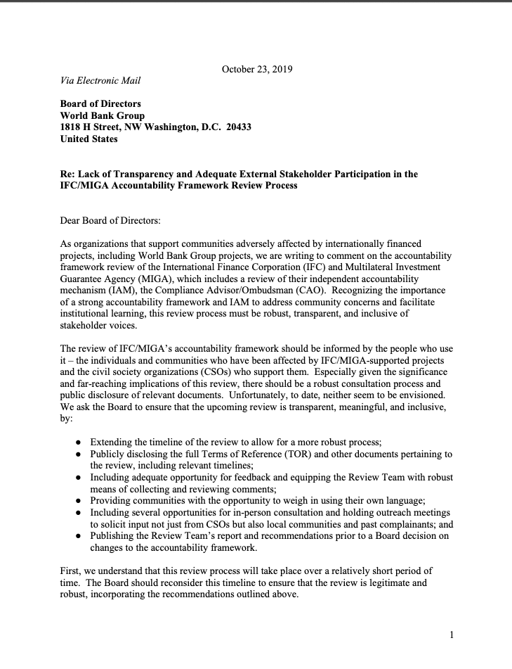 Joint Call for Greater Transparency and Consultation in the IFC/MIGA Accountability Review