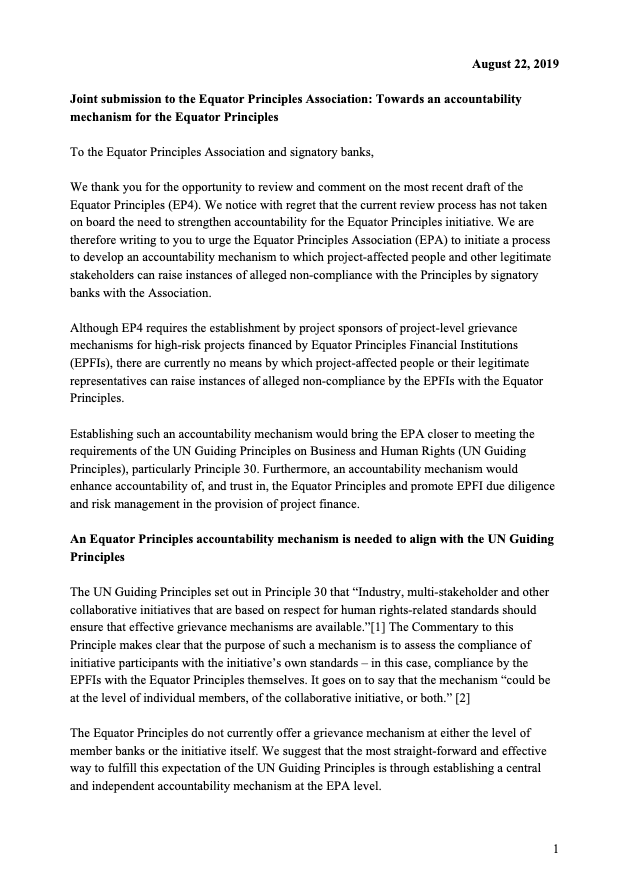 Joint civil society submission to the Equator Principles Association: Towards an accountability mechanism for the Equator Principles