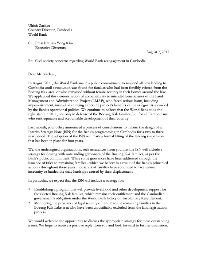 Joint Letter to the World Bank: Fulfill Your Commitment to Upholding the Right to Remedy for Boeung Kak Lake Community Cover