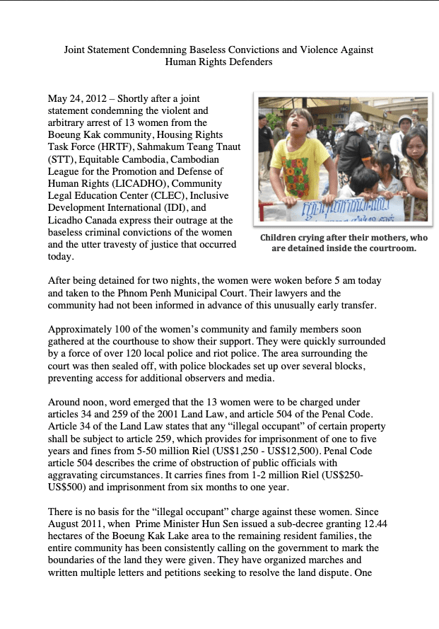 Joint Statement condeming violence against Boeung Kak Lake Protesters