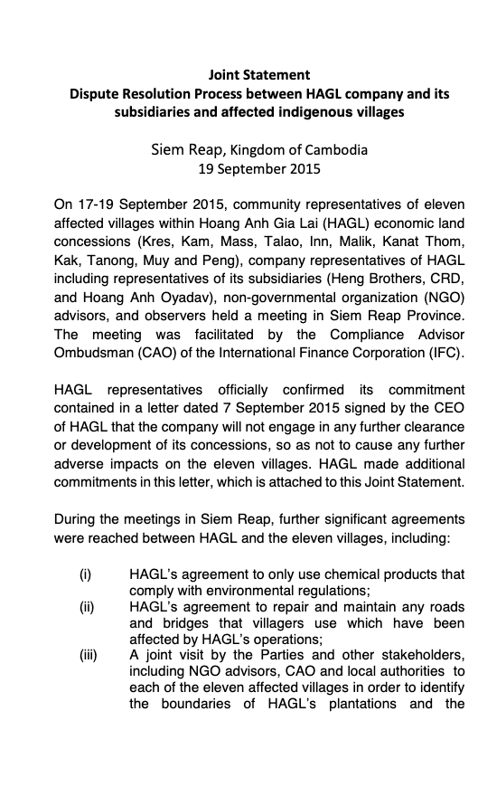 Joint Statement: Dispute Resolution Process between HAGL Company and its subsidiaries and affected indigenous villages Cover