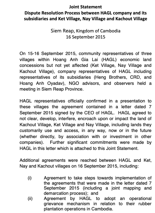 Joint Statement: Dispute Resolution Process between HAGL company and its subsidiaries and Ket Village, Nay Village and Kachout Village Cover