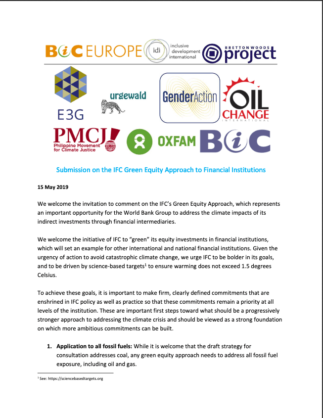 Submission on the IFC Green Equity Approach to Financial Institutions
