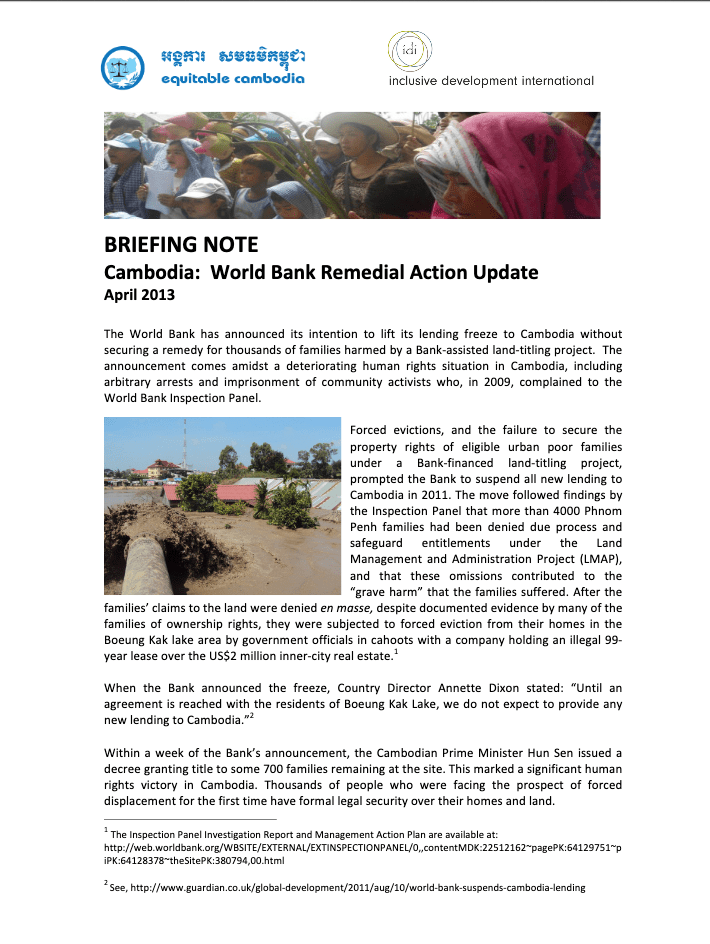 World Bank Remedial Action Update (April 2013) Boeung Kak Lake